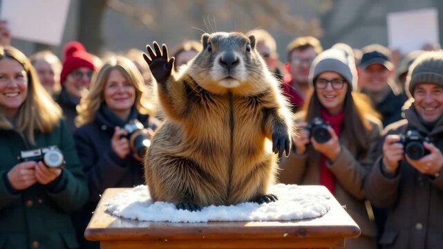 Groundhog standing on a wooden podium covered in snow, waving its paw to an excited crowd of spectators holding cameras in a sunny outdoor setting