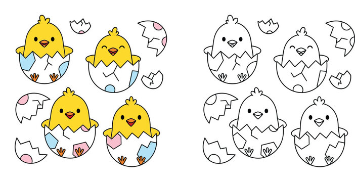 Set of cute cartoon chicks hatching from Easter eggs, vector illustration with black and white coloring page outline.