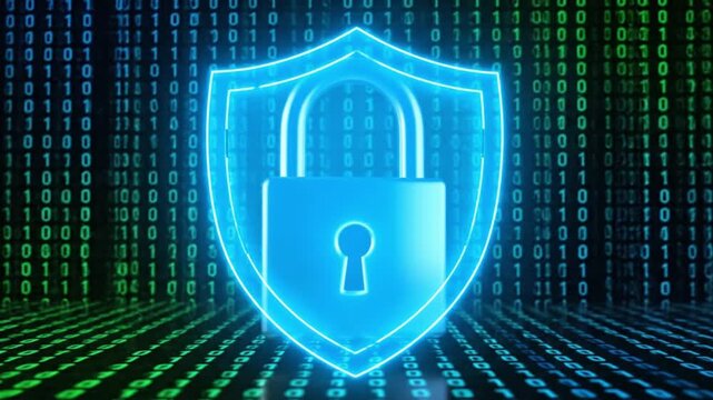 cybersecurity shield protecting digital network with padlock and binary code background