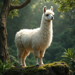 Obraz premium White llama stands on mossy rock formation. Rich jungle green plants surrounds fluffy animal. Misty forest provides soft natural light backdrop for peaceful creature.