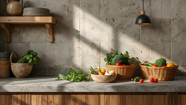 Digital illustration of fresh vegetables in a wooden basket on a kitchen counter with morning sunlight