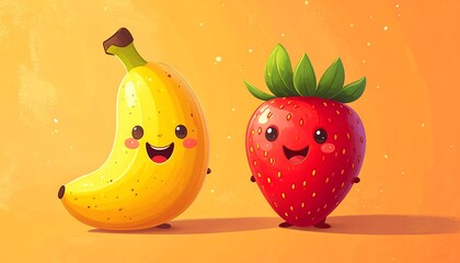 Smiling cartoon banana and strawberry fruits.