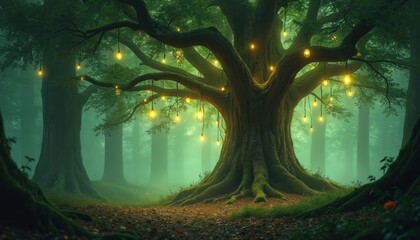 Obraz premium Magical forest with ancient tree. Glowing lanterns hang from branches creating canopy. Soft mist fills the green woodland air, enchanting atmosphere.