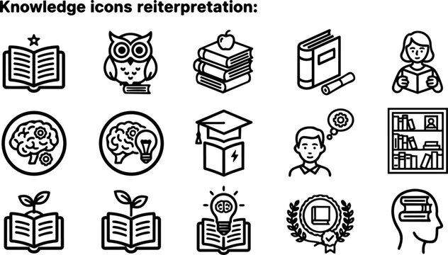 Line art icon set showing knowledge and education symbols in flat vector grid with books, owl, brain, graduation cap, close up