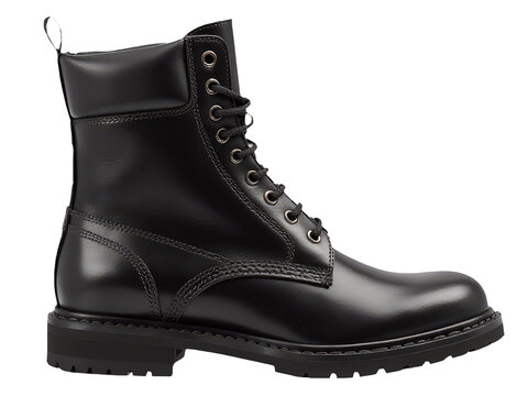 A close-up shot of a black boot on a white background