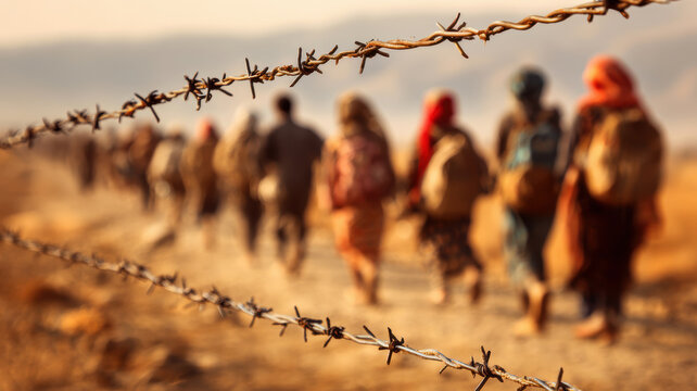 Poor refugees procession along barbed wired fence