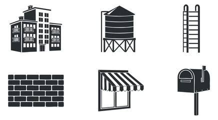 Obraz premium A collection of urban elements including a building, water tower, ladder, brick wall, window with awning, and mailbox in black minimalist vector style, suitable for architectural design projects