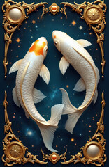 Fototapeta premium Pisces zodiac symbol represented by two white fish swimming in starry cosmos. Ornate gold frame accentuates celestial scene. Mystical fantasy art for astrology and divination.