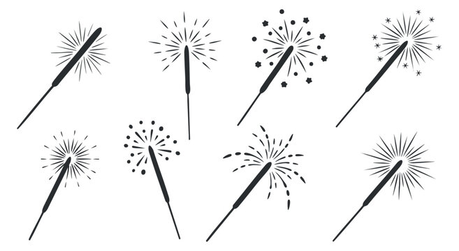 A collection of various sparkler designs in black and white vector style, ideal for festive celebrations and creative projects