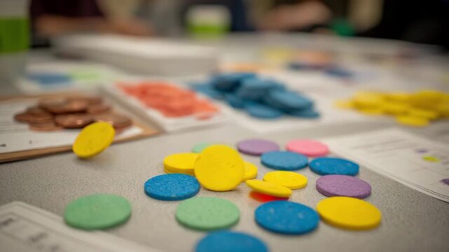 Medium shot of a math enrichment workshop table with colorful fraction circles in sharp focus blurred manipulatives and problemsolving sheets in the background.