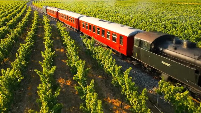 A scenic video of a vintage black steam train pulling red passenger cars as it travels along a track cutting directly through the vast, lush rows of a sunny vineyard.