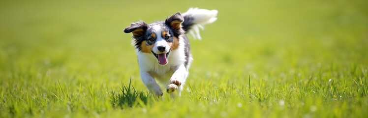 Young Australian Koolie dog runs in sunny green grass field. This happy working breed dog has tri colored fur and floppy ears. Fun outdoor pet activity.