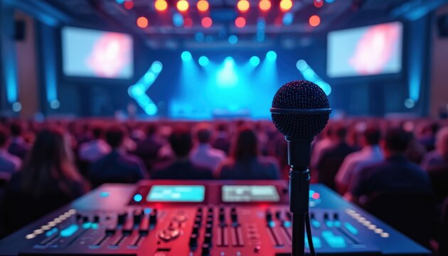 Microphone and sound board at conference with audience. Blue stage lights create tech atmosphere for presentation or event. People watch speaker on big screens.