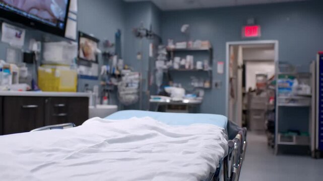 View of an exam bed set for splinting with a focused look at immobilization tools and blurred medical monitors and essential supplies on walls in a treatment room.