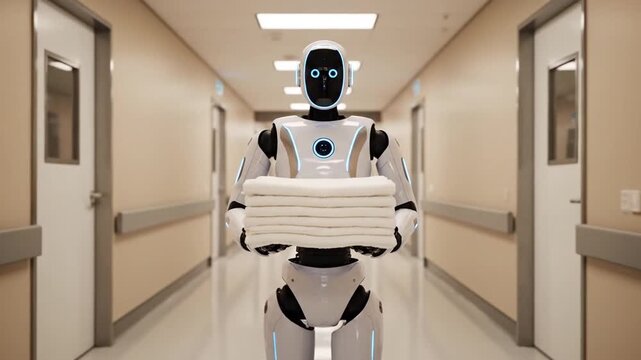 A humanoid service robot walks down a hospital hallway, efficiently transporting a large stack of folded white linens for facility logistics.