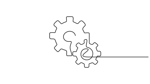 Gear wheels continuous one line drawing animation. Round wheel metal symbol company template for business teamwork concept. Dynamic single line