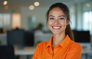 Smiling hispanic woman staff in orange shirt works in modern office. She looks pro and happy, representing diverse workforce and customer service roles in business settings.
