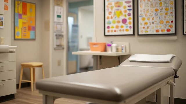 Medium shot of a neutraltoned pediatric exam room featuring a modern exam table and subtle educational wall charts with a soft blur effect on surrounding elements.