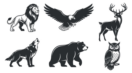 Naklejka premium A collection of wildlife animal silhouettes including a lion, eagle, deer, bear, wolf, and owl in black and white vector style, perfect for nature-themed designs and illustrations
