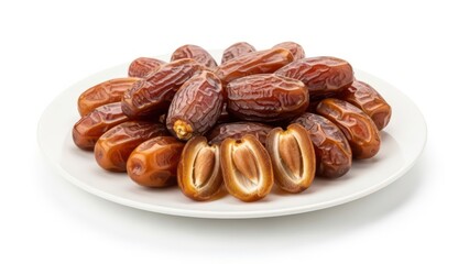 Obraz premium Pile of sweet dates on a white plate creating a delectable and inviting snack presentation