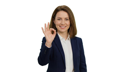 A confident businesswoman giving an okay sign with her hand on transparent background
