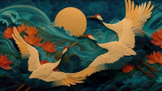 Elegant cranes soaring amidst lotus flowers and sun decorative artwork