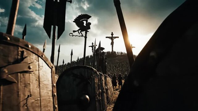 Ancient Roman soldiers with shields and spears, facing crucifixions and a vast army.