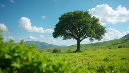 Vast green grass field under bright blue sky with fluffy clouds. Large solitary tree stands tall on grassy hill, offering shade. Rolling hills stretch into distance under sunny day.