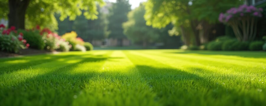 Manicured green grass lawn with striped pattern. Lush garden with blooming flowers and trees in soft sun light. Beautiful backyard landscape.