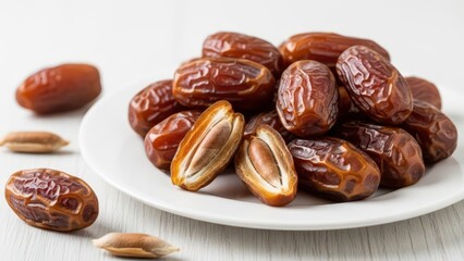 Obraz premium Arrangement of sweet dates on a white plate on a white surface, nutritious snack, healthy food and