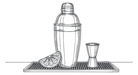 A cocktail shaker with a lime wedge and jigger on a bar mat in minimalist black and white outline vector style, ideal for cocktail menus and bar branding