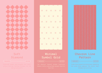 Minimal lattice, woven grid and dotted seamless pattern collection, geometric linework repeats for modern Japanese abstract backgrounds, wallpaper, textile, packaging design