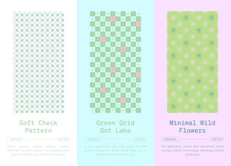 Naklejka premium Soft check and minimal flower seamless pattern collection, pastel gingham grid with dots and daisy floral repeats for cute modern background, wallpaper, textile, wrapping