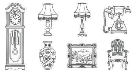 A collection of vintage home decor items including a clock, lamp, vase, picture frame, chair, and telephone in elegant outline style, ideal for interior design projects