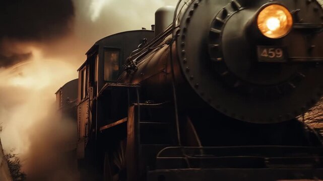 A vintage steam locomotive steaming along the tracks, with a cloudy background
