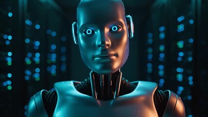 A metallic humanoid robot stands in a glowing server room, performing slight head movements and blinking. Its glowing blue eyes focus on the viewer amidst rows of blinking server lights, symbolizing  - Powered by Adobe