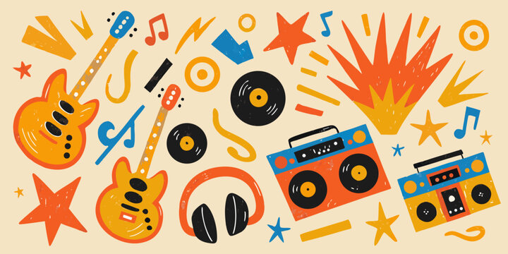 A vibrant collection of music themed illustrations featuring instruments and audio equipment