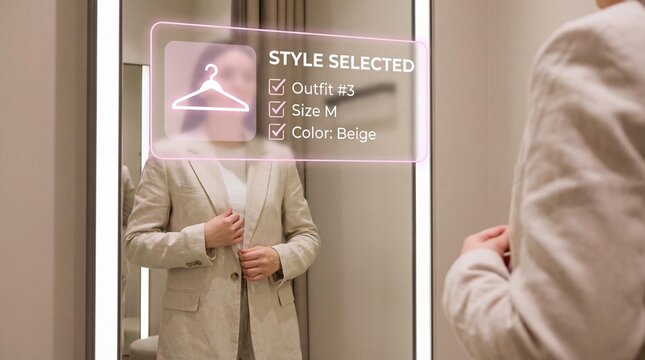 Woman using virtual try on technology to select outfit style in a mirror