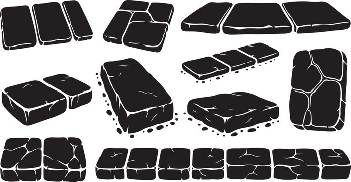 Collection of black stone bricks and pavers in various shapes