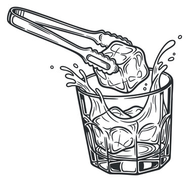 A glass of ice cubes with tongs and water splashing in black and white outline vector style, perfect for beverage branding and bar designs