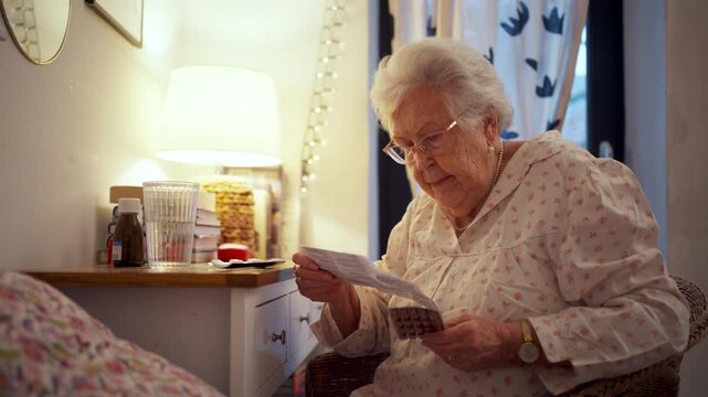 Senior woman taking prescribed pills after waking up.