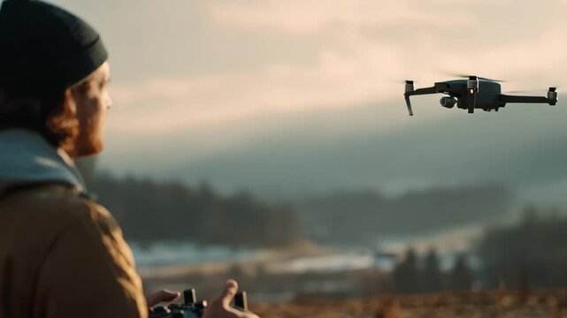 Medium shot of a hobbyist drone operator practicing smooth camera moves outdoors with a focused controller and outoffocus flying drone above a scenic landscape.