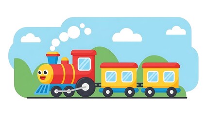Colorful cartoon train on green landscape.