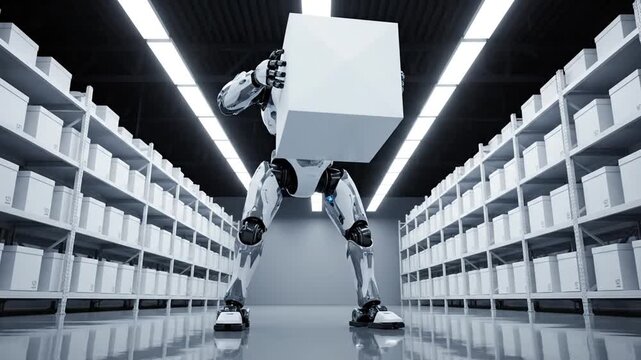A humanoid robot performs a task in an automated warehouse, bending down to lift and hold a large, white cube amidst towering aisles of identical inventory shelves, highlighting logistics automation.