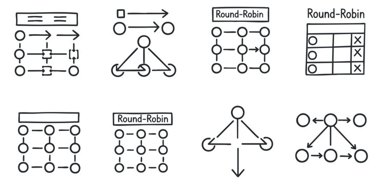 A collection of round-robin diagrams featuring various connection styles and layouts in minimalist black outline vector style, suitable for educational materials and presentations