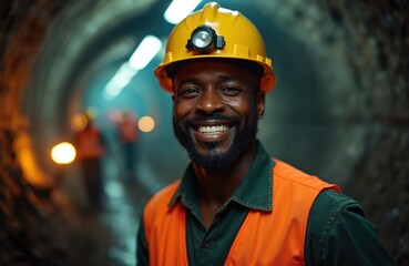 Black man miner smiles wearing yellow hard hat with headlamp in dark mine tunnel. He wears orange safety vest and green shirt. Workers in background, blurred.