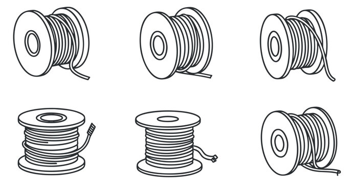 A set of wire spools with coiled cables in black and white outline vector style, perfect for technical illustrations and design projects