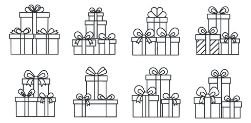 Naklejka premium A collection of various gift boxes with ribbons and bows in black and white outline vector style, perfect for holiday designs