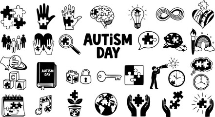 Autism Awareness Day Icons Set - Puzzle Pieces, Brain, Hands, Calendar, Lightbulb, Rainbow