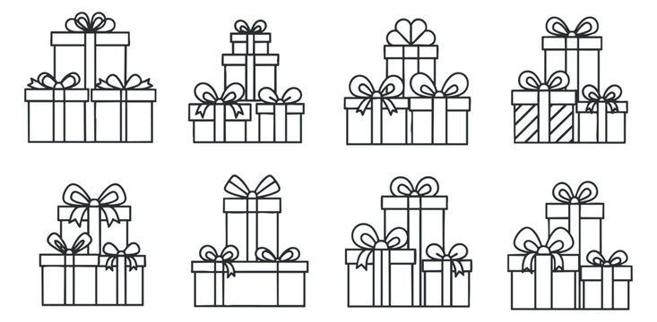 A collection of various gift boxes with ribbons and bows in black and white outline vector style, perfect for holiday designs